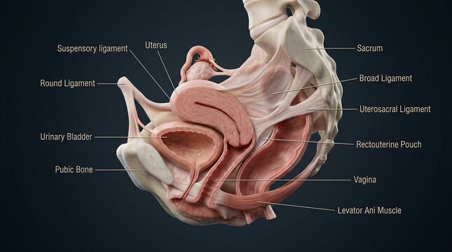 Detailed 3D anatomical illustration of the female pelvic organs and supporting ligaments