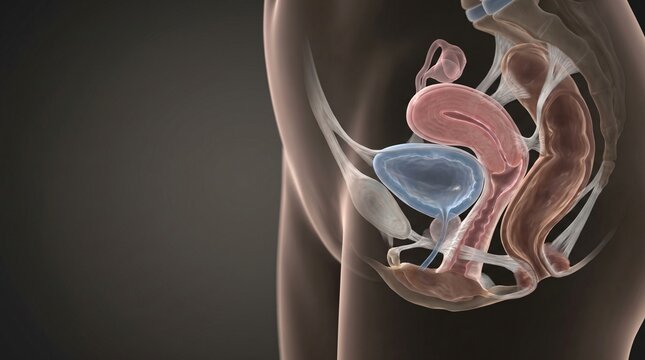 Anatomical illustration of female reproductive and urinary systems with pelvic bones