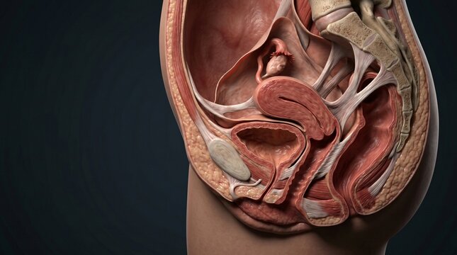 Anatomical cross section revealing female pelvic organs uterus ovaries bladder and rectum