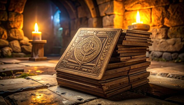 Stack of Antique Tarot Cards with Embossed Design in a Mystical Chamber