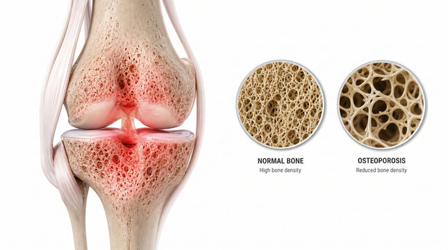 AI generated image of a human knee joint with bone density comparison, showing normal healthy bone versus osteoporosis disease, medical infographic 3D illustration.