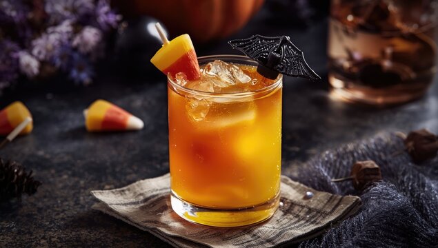 Halloween Candy Corn Tequila Sunrise Cocktail Dark Setting, Festive Garnish, Close-Up
