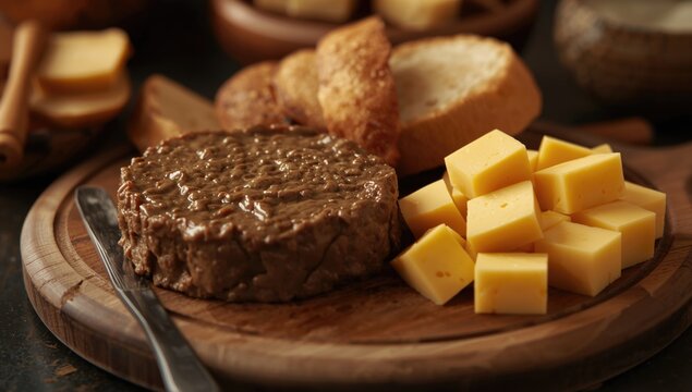 Bavarian snack with liver pt served alongside cheese chunks