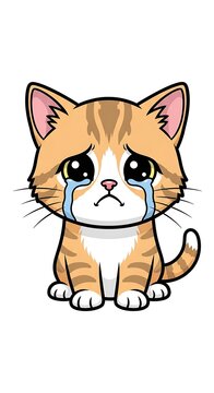 Sad crying orange tabby kitten cartoon.