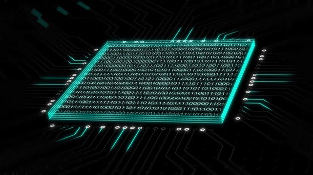 Glowing Teal Binary Code Matrix Scrolling Across Chip In Simulated Research Laboratory Environment