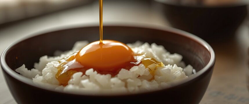 Classic tamago kake gohan Japanese breakfast with beaten raw egg and savory soy sauce on rice