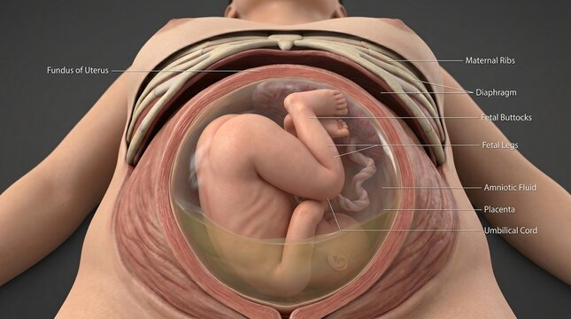 Detailed anatomical illustration of a fetus developing within the maternal uterus and amniotic sac