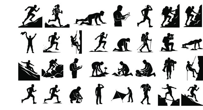 Extreme Outdoor Adventure and Mountain Hiking Silhouette Icon Set Collection of Wilderness Survival Conditioning Rock Climbing Athletics Backpacking Trekking Trail Running and Alpine Search 