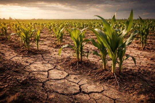 Young maize plants flourishing amid drought stress in vast crop field