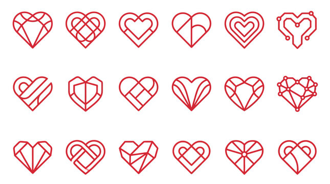 Minimalist red heart icons set, geometric line art heart shapes, 18 modern love symbols for branding and UI design, abstract romantic vector elements
