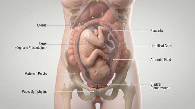 Anatomical illustration of a fetus in cephalic presentation within the pregnant uterus and maternal pelvis