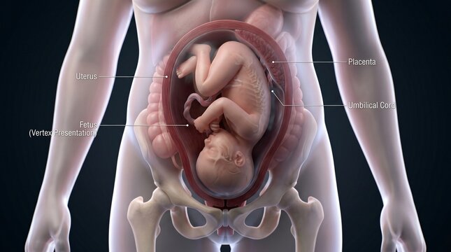 Anatomical illustration of a human fetus within the uterus showing placenta and umbilical cord in vertex presentation