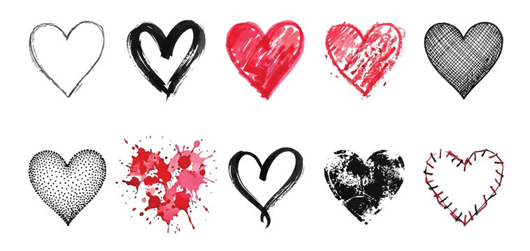 Hand drawn heart icons set, 10 artistic vector heart shapes, red and black ink sketch hearts, grunge paint splash and doodle heart illustrations