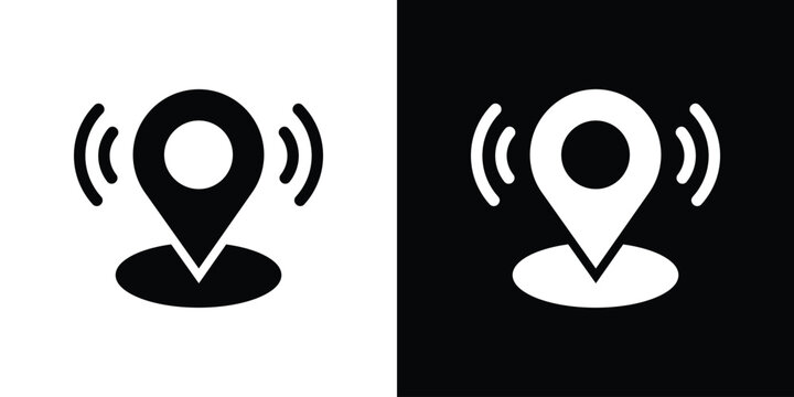 Signal location pin icon vector illustration. Map pointer with wireless radar waves symbol isolated on black and white background for live tracking, beacon telemetry, and active GPS connection.
