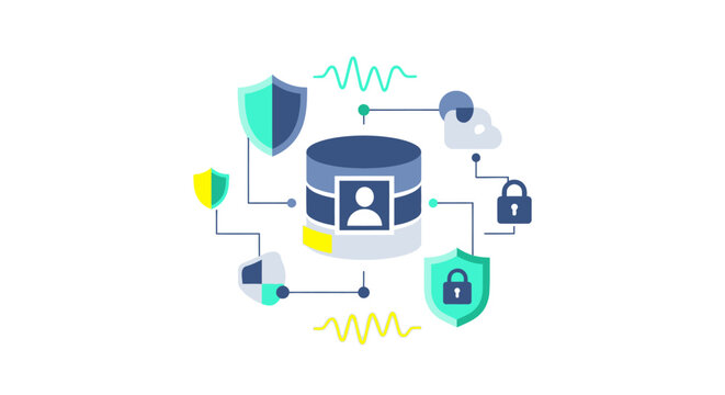 Data Protection and User Privacy Concept Illustration with Database, Shields, and Padlocks. Cybersecurity and Information Security Flat Vector Graphic for Web and Business.