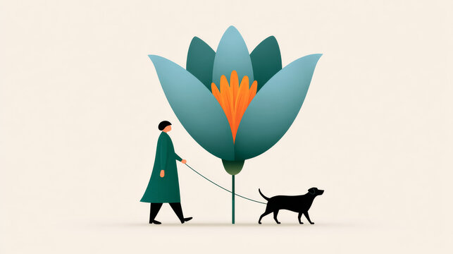 Person walking dog beside giant flower illustration in minimalist style