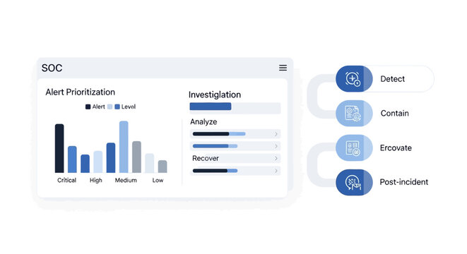 Cybersecurity SOC Dashboard with Alert Prioritization Chart and Incident Response Workflow