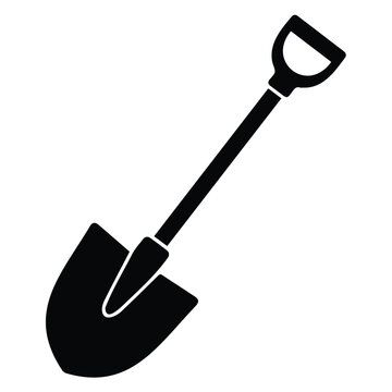 Black silhouette of garden shovel with d handle vector illustration line art.