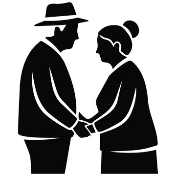Elderly couple holding hands illustration vector silhouette line art isolated on white back.