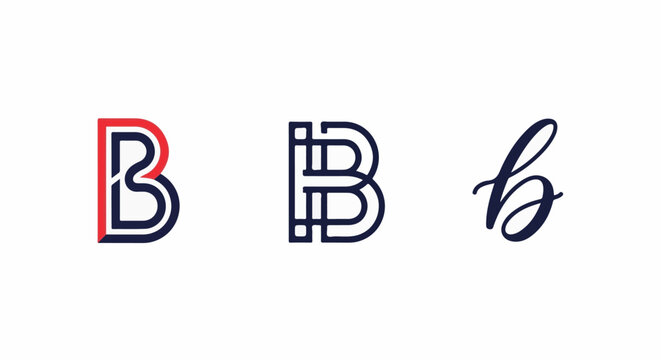 Three stylized letter 'B' designs in navy and red on white