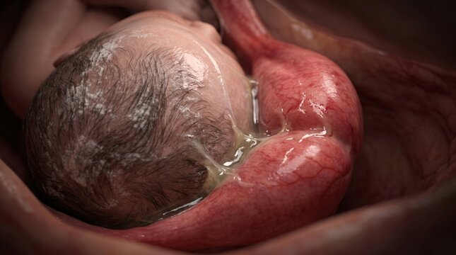 Close up view of a human fetus positioned for birth within the uterus showing vernix caseosa