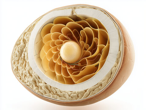 Human ovarian follicle anatomy illustration showing 3D bowl cross section with concentric granulosa cell layers central oocyte and theca architecture in warm amber gold tones on white background