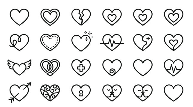 Minimalist heart icon set, 24 black line love symbols, romantic vector collection for wedding and Valentine's Day design, simple outline heart shapes
