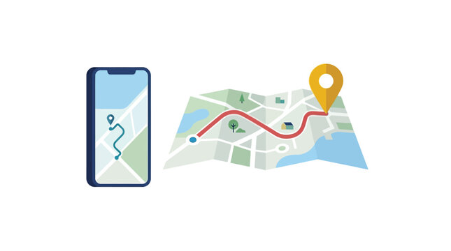 GPS navigation mobile app vector illustration, smartphone with digital map and route, paper map with location pin and red path for travel planning