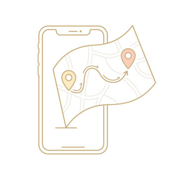Minimalist mobile navigation vector icon, smartphone with digital map and location pins, travel route tracking app interface illustration