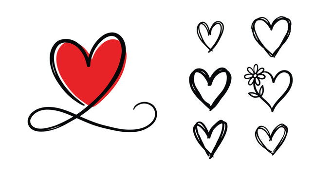 Hand drawn heart icons set, red and black doodle heart sketches with flower detail, romantic vector elements for wedding and valentine design