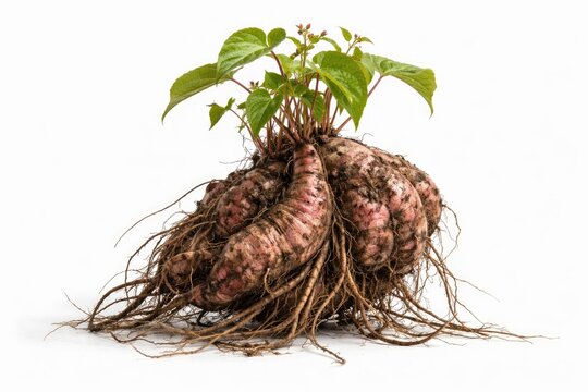 Detailed organic features of Dioscorea rubella root presented on white studio backdrop
