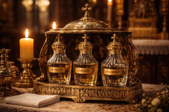 Sacred oil blend with myrrh used in baptism and confirmation kept in a traditional chrismarium