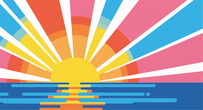 Stylized sunrise over the ocean with bold, colorful rays of light