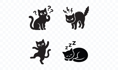 Fototapeta premium Black cat silhouettes collection illustrating different moods and actions such as confusion anger playfulness sleeping poses vector graphic with silhouette