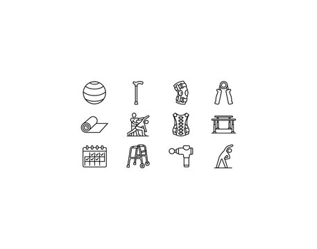 Physical Rehabilitation. Line outline icon set of Physical Rehabilitation: therapy ball, walking cane, knee brace, hand grip trainer, exercise mat, physical therapist, spine support, balance bar,