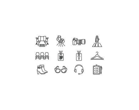 Runway Fashion Show. Line outline icon set of Runway Fashion Show: catwalk stage, spotlight, fashion camera, model pose, audience seat, designer badge, backstage pass, clothing hanger, fashion boots,