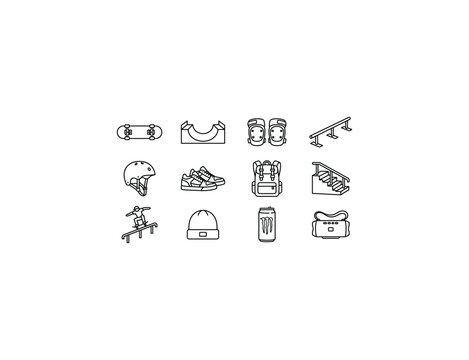 Urban Skateboarding. Line outline icon set of Urban Skateboarding: skateboard deck, half pipe ramp, knee pads, street rail, helmet, skate shoes, backpack, city stairs, handrail trick, beanie hat,