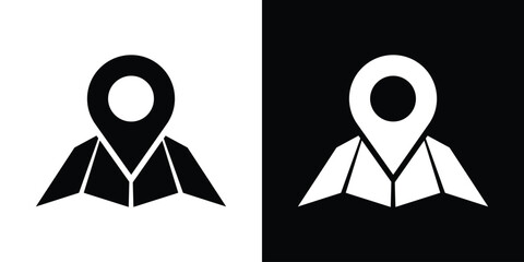 Map pin location icon vector. Folded paper map with pointer symbol isolated on black and white background for navigation, tourism, travel guide, and positioning interface design. © bibin