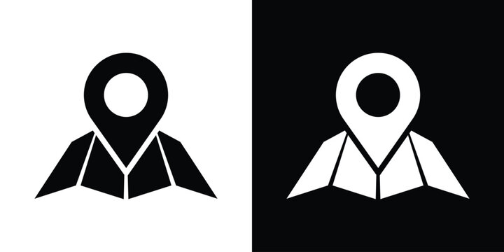 Map pin location icon vector. Folded paper map with pointer symbol isolated on black and white background for navigation, tourism, travel guide, and positioning interface design.