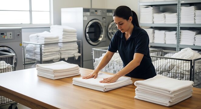 Professional worker folding clean white towels in laundry facility