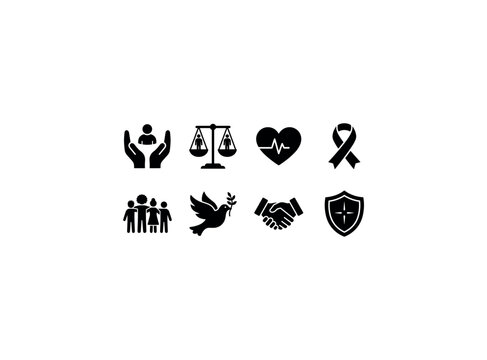 Human Dignity. Filled icon set of Human Dignity: helping hands, equality scale, human heart, support ribbon, diverse people group, peace dove, respectful handshake, protection shield. Solid icons set.