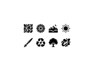 Obraz premium Nature Inspired Graphic Design. Filled icon set of Nature Inspired Graphic Design: leaf pattern, flower bloom, mountain landscape, sun rays, watercolor brush, eco logo, tree silhouette, organic shape.