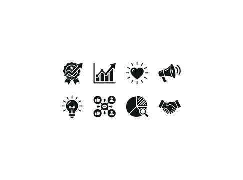 Brand Growth Strategy. Filled icon set of Brand Growth Strategy: brand logo badge, upward trend graph, audience engagement heart, campaign megaphone, creative light bulb, social network icons, market