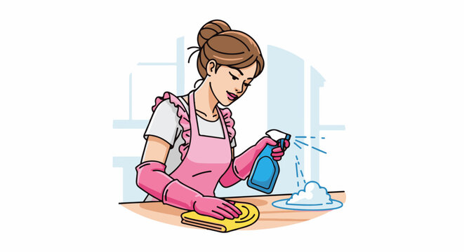 Woman in pink apron and gloves cleans with spray bottle and cloth