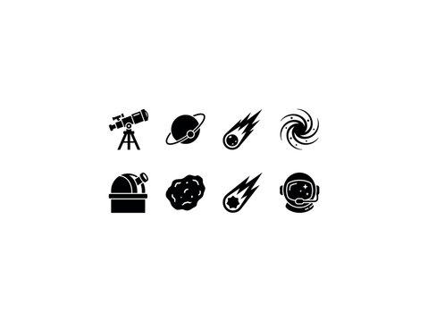 Astronomical Discoveries. Filled icon set of Astronomical Discoveries: telescope, newly discovered planet, comet, spiral galaxy, observatory dome, asteroid, shooting star, astronaut helmet. Solid