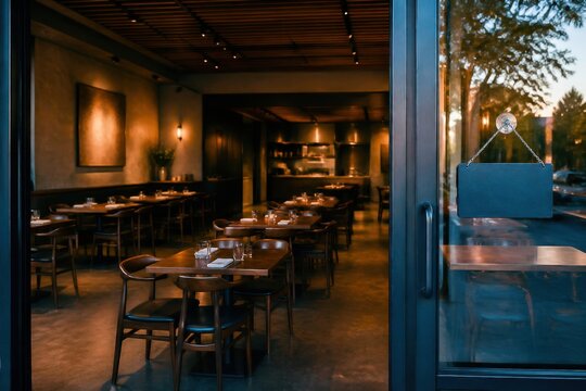 Empty restaurant dining room with modern decor and ambient evening light