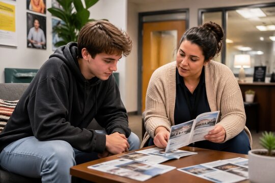 Student and counselor discussing college guidance in an advisory office setting