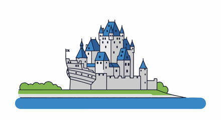 Obraz premium Stylized illustration of a grand castle with blue roofs on a white background