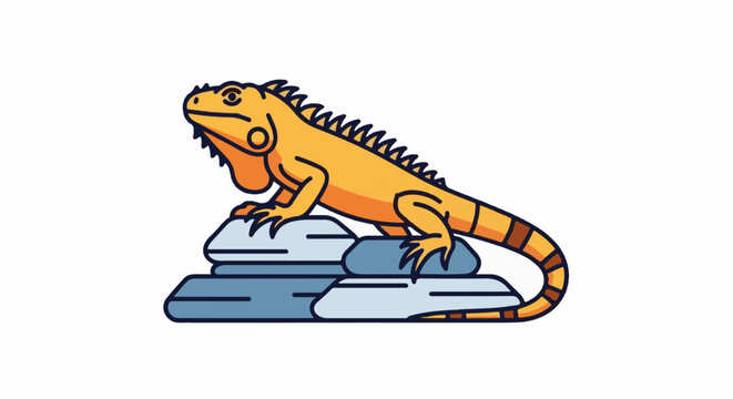 Stylized orange iguana perched on blue rocks
