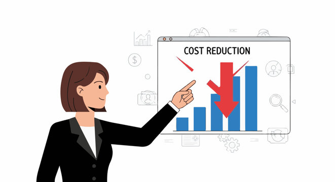 Woman points to graph showing cost reduction with a large red downward arrow